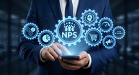 Businessman using smartphone with glowing NPS customer satisfaction rating system and feedback icons for business analytics and performance measurement.