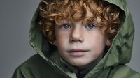 Young boy with curly ginger hair and blue eyes wearing green hooded jacket, looking directly at camera against gray background.