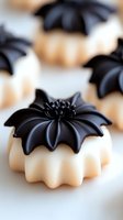 Elegant black and white layered desserts with decorative flower tops arranged on clean surface for gourmet bakery presentation and culinary photography.