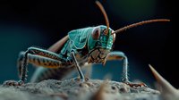 Macro photography of turquoise grasshopper with detailed view of head, antennae and front legs against dark background, showing intricate insect anatomy and texture.