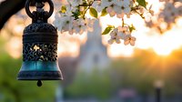 Vintage decorative bell hanging among blooming cherry blossoms at sunset, creating atmospheric garden scene with soft bokeh background and warm golden light.