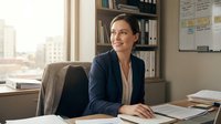 Confident female professional of mixed ethnicity sits at desk in modern office, wearing navy blazer over white shirt, working with documents and paperwork, with organized shelving and city skyline visible through window behind her, suitable for business, corporate, and workplace themes.