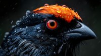 Black bird with bright orange crest and red eye in rain, dramatic close-up portrait showing water droplets on feathers against dark background. Wildlife photography concept.