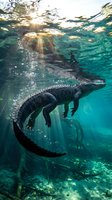 Crocodile swimming underwater in crystal clear turquoise water with sunlight rays penetrating surface creating dramatic lighting effects in tropical aquatic environment.