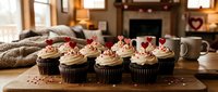 Chocolate cupcakes with vanilla frosting and red heart decorations on wooden board in cozy kitchen setting for Valentine's Day celebration.