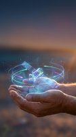 Hands holding futuristic holographic technology with glowing digital network connections and data visualization against sunset sky background.