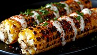 Grilled corn on cob with spicy seasoning, drizzled white sauce and fresh herbs served on black plate. Close up view of Mexican street food style corn.