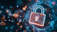 Glowing digital padlock with circuit pattern floating in cyberspace surrounded by blue and orange bokeh lights, representing cybersecurity and data protection.