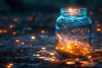 Magical glowing mason jar with ethereal light and sparkles against dark background, perfect for fantasy designs and mystical concepts. Artistic still life photography.