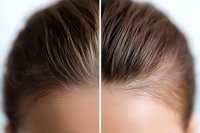 Split view comparison showing hair treatment results with visible difference in texture and shine, before and after styling procedure.