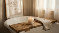 Cozy bathroom with rustic wooden tray on bathtub, glowing candle, linen towel, and self care sign for wellness and relaxation concepts.