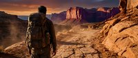 Hiker with backpack standing on rocky desert terrain at sunset, gazing at distant canyon formations and golden-hour landscape, suitable for travel and adventure marketing.