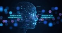 Digital wireframe human head profile with biometric scan technology interface and glowing blue network connections on dark background for cybersecurity concepts.