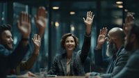 Business team celebrating success with raised hands in modern office meeting room during corporate presentation or achievement milestone.
