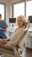 Senior Caucasian woman patient smiling confidently in modern dental office chair with male dentist in background preparing for oral health checkup appointment.