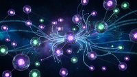 Abstract digital network with glowing purple and green nodes connected by flowing data streams on dark background for technology concepts.
