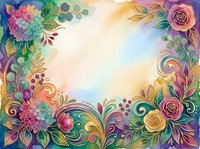 Colorful floral frame with roses, hydrangeas, and ornamental leaves in vibrant pink, purple, and gold tones surrounding a soft cream center space for text or design.