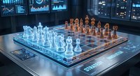 Futuristic holographic chess set with glowing pieces on digital board in high-tech control room with data screens and analytics displays in background.