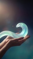 Human hands cupping glowing turquoise energy wave with ethereal light effects on gradient background for wellness and spiritual healing concepts.