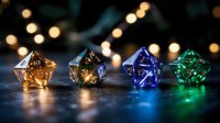 Colorful gaming dice with glowing lights arranged in row on dark surface with bokeh background, creating magical fantasy atmosphere for tabletop role-playing games.