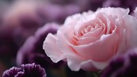 Pink rose with delicate petals and water droplets, surrounded by blurred purple flowers in soft focus background, suitable for floral designs and romantic themes.