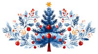 Decorative winter composition with blue spruce tree adorned with red ornaments and delicate floral elements in folk art style, creating festive seasonal decor.