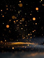 Magical golden bokeh lights and glitter particles floating in dark space, creating ethereal atmosphere with blurred sparkles and dust on black background.
