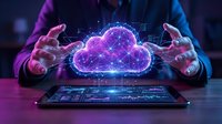 Hands protecting glowing cloud computing network above digital tablet with data connections and cybersecurity elements in futuristic technology concept.