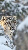 Snow leopard portrait in winter mountain habitat with falling snowflakes and rocky terrain background for wildlife conservation campaigns.