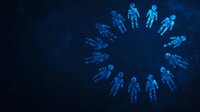 Glowing blue digital human figures arranged in circle formation on dark background, representing social network or global connection concept.