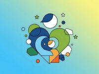 Abstract geometric composition with colorful circles, shapes and stars on gradient background for modern design projects.