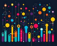 Colorful abstract geometric composition with circles, dots, and vertical lines on dark blue background creating a vibrant data visualization effect.