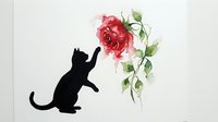 Black cat silhouette reaching toward red rose with green leaves on white background, isolated design element for greeting cards, wall decals, and t-shirt prints.