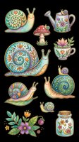 Cute snail clipart set with mushroom, watering can, teacup, and jar, isolated on transparent background, ready for stickers, t-shirt design, and print on demand.