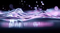 Liquid wave splash with purple neon lighting and bokeh effects creates dramatic macro photography composition with water surface reflection and dark background.