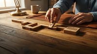Professional businessman arranging wooden blocks in strategic sequence on desk, symbolizing planning, growth steps, and business development process.