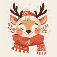 Smiling reindeer wearing winter knit hat and cozy scarf with floral pattern, illustrated in warm coral tones against beige background. Cute seasonal character.