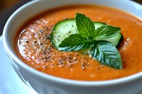 Fresh gazpacho soup garnished with cucumber slices, basil leaves and black pepper in white ceramic bowl, close up view of cold summer appetizer.