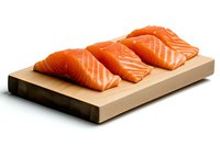 Fresh cutting board, vibrant orange color and visible marbling texture showcasing premium quality seafood for cooking preparation.