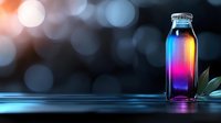 Vibrant rainbow liquid in glass bottle glowing against dark background with bokeh lights creates magical atmosphere for wellness and beverage concepts.