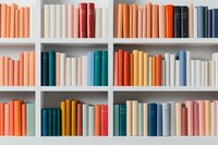 Colorful books arranged on white wooden shelves creating minimalist aesthetic pattern. Books in orange, white, red, blue and teal spines form organized rows.