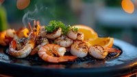 Grilled jumbo shrimp and scallops with fresh herbs and citrus garnish on black stone plate, steam rising, bokeh lights background, close up food photography.