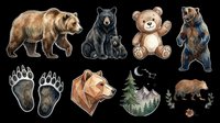 Grizzly bear, black bear, teddy bear, and bear paw prints isolated on transparent background, ready for t-shirt design, clipart, stickers, sublimation, and print-on-demand products.