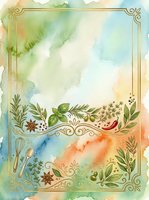 Watercolor vintage frame with botanical herbs, spices and ornamental borders on aged paper background, suitable for recipe cards, cookbook covers and culinary design projects.