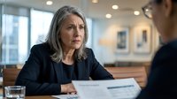 Mature woman with gray hair wearing dark blazer sits at desk reviewing documents during professional meeting in modern office environment.