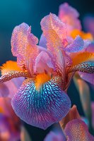 Vibrant iris flower with delicate pink and orange petals featuring intricate vein patterns against dark teal background, captured in stunning macro detail.
