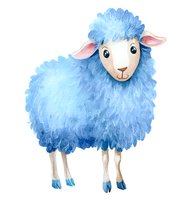 Cute blue fluffy sheep watercolor illustration isolated on white background for children books, nursery decor, greeting cards and educational materials.