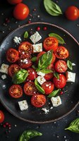 Fresh cherry tomatoes with feta cheese cubes and basil leaves on dark plate, seasoned with pink peppercorns. Mediterranean style food photography.