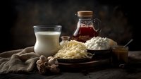 Fresh dairy products and ingredients on rustic wooden board with glass of milk, grated cheese, flour and honey in moody dark setting with dramatic lighting.