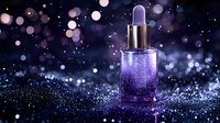 Magical purple serum bottle with dropper on sparkling glitter background with bokeh lights and cosmic atmosphere. Luxury skincare and beauty product photography.